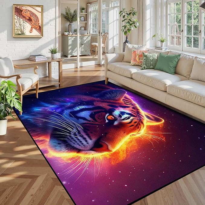 5' X 7' Galaxy Tiger Rug 3D Fierce Tigers Area Rugs for Bedroom Living Room Playroom Gameroom Boys Kids Fire Glitter Carpet Throw Rugs Floor Mat