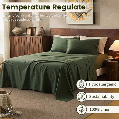 100% Linen Sheets Queen Size,Breathable & Durable 4-Piece Bed Flax Sheet Set,Soft All-Season Bedding for Hot Sleepers 16" Deep Pocket Oeko-TEX Certified,（Queen, Forest Green）