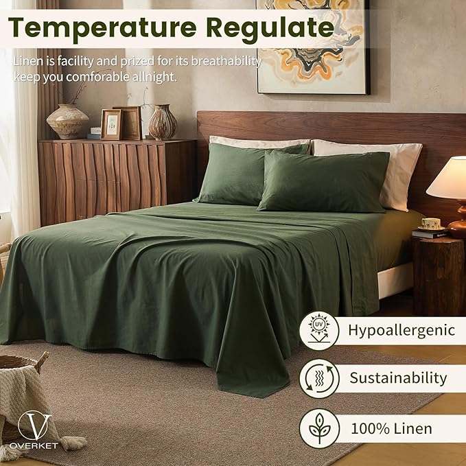 100% Linen Sheets King Size,Breathable & Durable 4-Piece Bed Flax Sheet Set,Soft All-Season Bedding for Hot Sleepers 16" Deep Pocket Oeko-TEX Certified,（King, Forest Green）