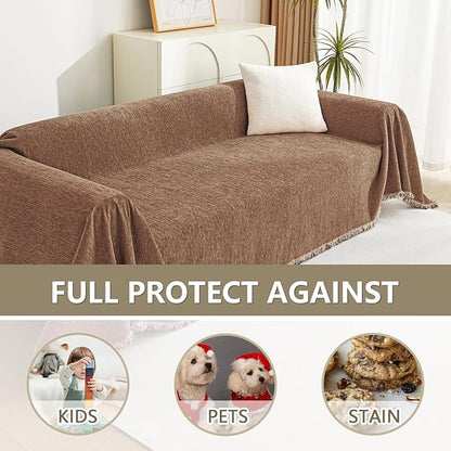 MYSKY HOME Couch Covers for 2 Cushion Couch Sectional Sofa, L Shape Sofa Protector Camel Chenille Couch Cover, Sofa Covers Washable Blanket with Tassel Pet Couch Cushion Cover, 71"X102"