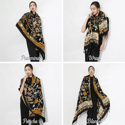 DANA XU 100% Merino Wool Extra Large Pashmina Blanket Travel Scarf Cashmere Wrap for Women Fall Winter Oversize Shawl Floral