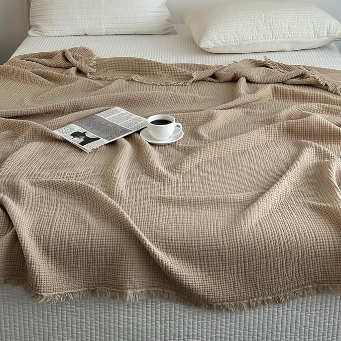 MorroMorn 100% Cotton Muslin Throw Blanket with Fringes 50"x60", 4-Layer Gauze Blankets for Adults, Boho Bedding Breathable Lightweight Ultra-Soft Farmhouse Decor for Couch Bed All Seasons, Khaki