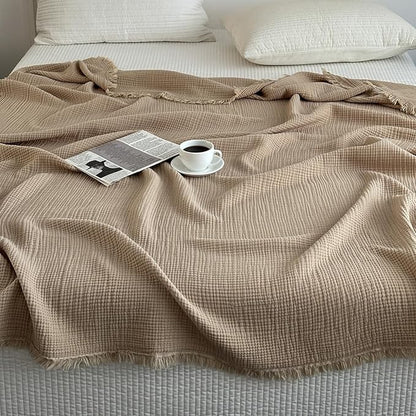 MorroMorn 100% Cotton Muslin Blanket with Fringes Twin Size 60"x80", 4-Layer Gauze Blankets for Adults, Boho Bedding Breathable Lightweight Ultra-Soft Farmhouse Decor for Couch Bed All Seasons, Khaki
