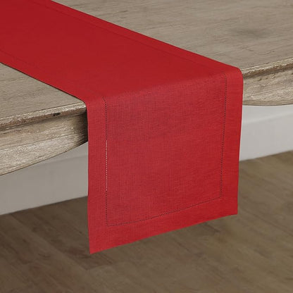 Solino Home Linen Red Table Runner 120 Inches Long - 100% Pure Linen 14 x 120 Inch Table Runner for Christmas, Holiday, Winter, New Year - Classic Hemstitch