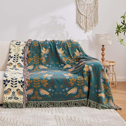 Yellow Boho Throw Blanket, 100% Cotton Blankets for Couch Bed, 50"x60"Cotton Quilt Travel Muslin Blankets Farmhouse Home Decor Soft Lightweight Picnic Blanket for Summer