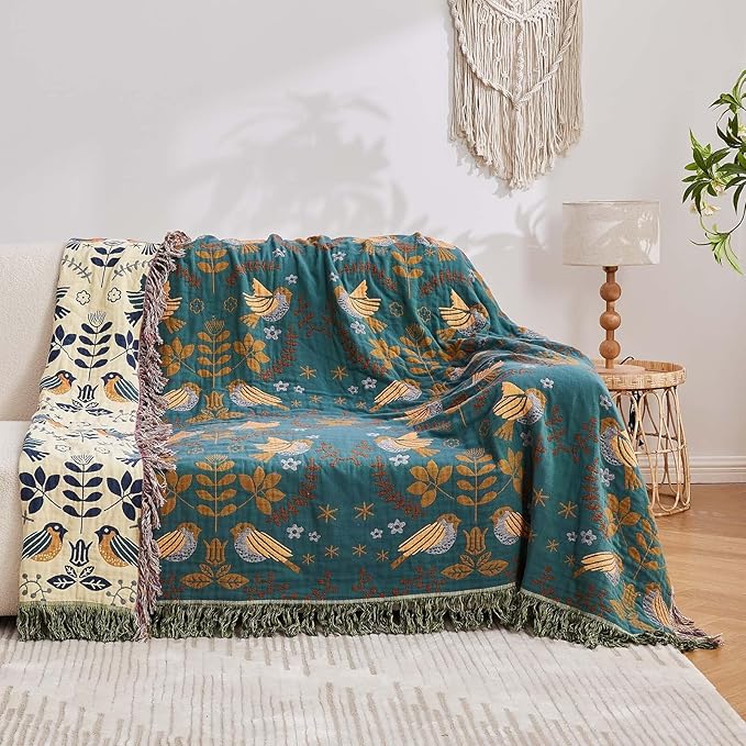 Yellow Boho Throw Blanket, 100% Cotton Blankets for Couch Bed, 60"x80"Cotton Quilt Travel Muslin Blankets Farmhouse Home Decor Soft Lightweight Picnic Blanket for Summer
