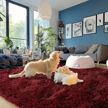 Burgundy Plush Rug for Living Room Fuzzy Carpet for Bedroom Dorm, Non-Slip High Pile Rug, Shag Rug for Playroom Nursery Home Office Decor 8X10 Ft