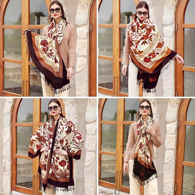 DANA XU 100% Merino Wool Pashmina Shawl for Women 96"x43", Oversized Cashmere Wrap with Tassels, Floral Travel Blanket Cape