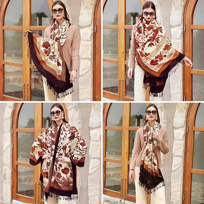 DANA XU 100% Merino Wool Pashmina Shawl for Women 96"x43", Oversized Cashmere Wrap with Tassels, Floral Travel Blanket Cape