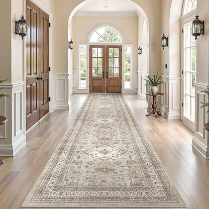 Vintage Hallway Runner Rug 3x14: Large Soft Washable Entryway for Kitchen Laundry Room Non-Slip Backing Runner for Entrance Living Room Bedroom Bathroom - Beige