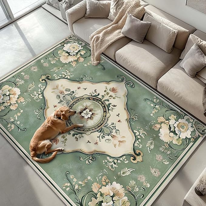 6x9 Traditional Oriental Area Rug Boho Green Rug Non Slip Low Pile Large Carpet for Home Kitchen Living Room Bedroom Dining Room Office