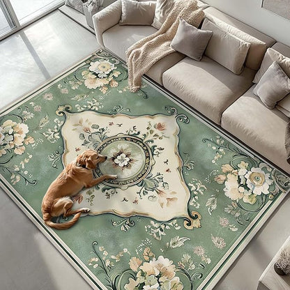 6x9 Traditional Oriental Area Rug Boho Green Rug Non Slip Low Pile Large Carpet for Home Kitchen Living Room Bedroom Dining Room Office