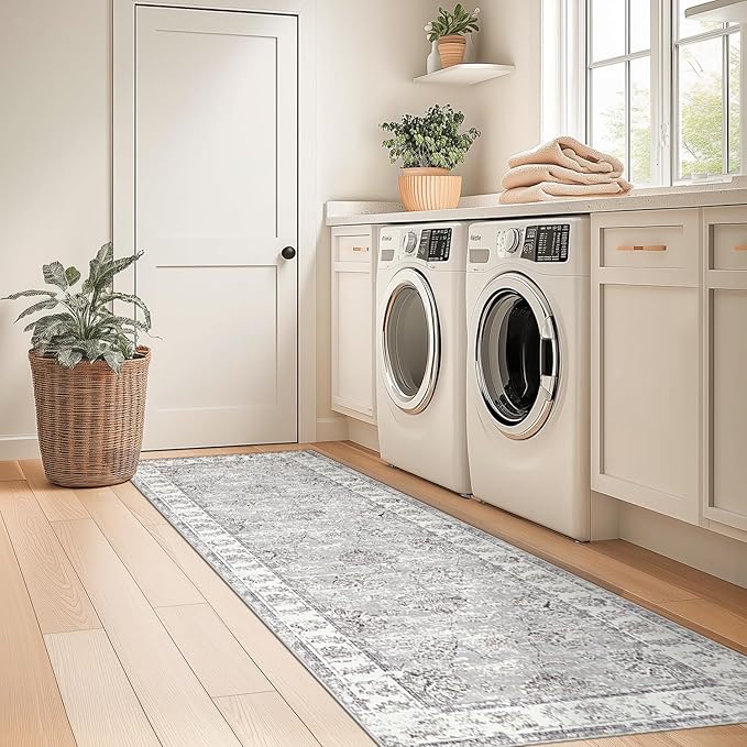 jinchan Fiora Hallway Runner Rug 2x10 Machine Washable Runner Rug Grey Vintage Floral Design Non-Slip Ultra-Thin for Kitchen Laundry Room Bedroom Farmhouse (2‘x10', Grey)