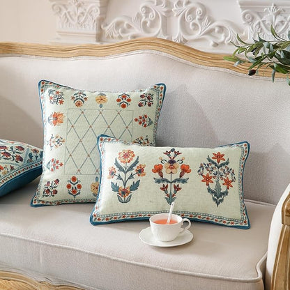ISAENNE Design Lumbar Linen Throw Pillow Covers 12"x20" Pack of 2, Blue Country Cushion Covers with Colorful Wildflower Pattern Decor Rectangle Pillowcases for Bed,Living Room,Outdoor,Car