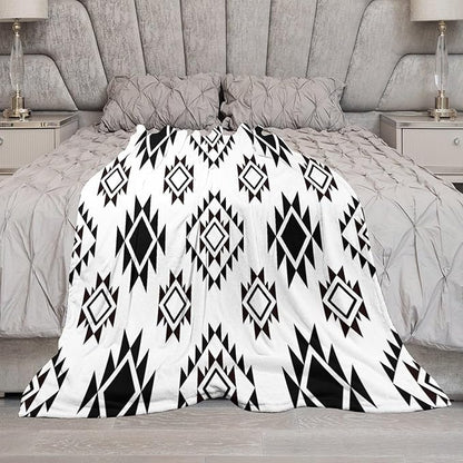 Boho Throw Blanket, Black and White Native Blankets, Vintage Tribal Aztec Printed Flannel Blanket for Chair Bed Sofa Couch 50"x60"