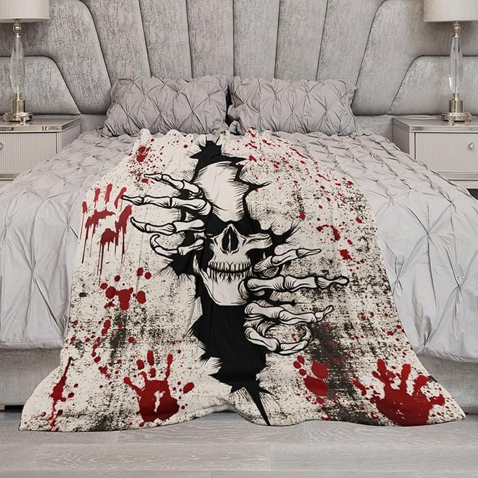 Horror Skull Throw Blanket, Halloween Day of The Dead Vintage Gothic Scary Blood Hand Soft Warm Fleece Blanket for Bed Couch Living Room All Season, 30"x40"