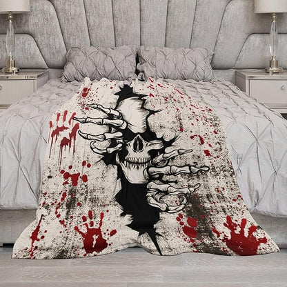 Horror Skull Throw Blanket, Halloween Day of The Dead Vintage Gothic Scary Blood Hand Soft Warm Fleece Blanket for Bed Couch Living Room All Season, 30"x40"