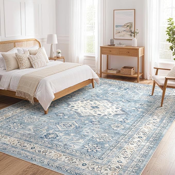 Vintage Living Room Area Rug 6x9 - Large Soft Washable Oriental Traditional Distressed Farmhouse Rugs for Bedroom - Indoor Floor Accent Carpet for Home Office House Decor - Blue