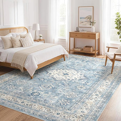 Vintage Living Room Area Rug 6x9 - Large Soft Washable Oriental Traditional Distressed Farmhouse Rugs for Bedroom - Indoor Floor Accent Carpet for Home Office House Decor - Blue