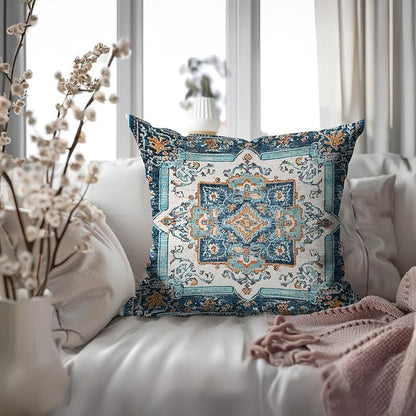 Vintage Boho Floral Print Throw Pillow Cover, Orange, Blue - Retro Rust Floral Decor Pillowcase, Indoor Outdoor Cushion Case for Sofa Couch Bed Living Room Bedroom Home (Blue&White, 18x18inch)