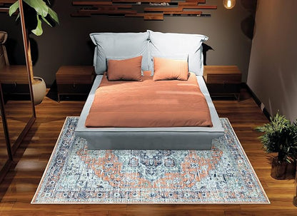 Bloom Rugs Washable Non-Slip 6' x 9' Rug - Peach/Blue Traditional Area Rug for Living Room, Bedroom, Dining Room, and Kitchen - Exact Size: 6' x 9'