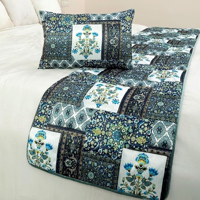 The HomeCentric King/Queen/Twin Blue Designer Full 68"x18" Bed Runner Without Pillow Cover, Perrsian Pattern & Quilted Bed Scarf on Satin Fabric - Bahar