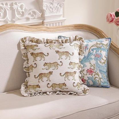patdrea Designer Throw Pillow Covers for Couch 18"x18",Vintage Linen Pillows Cover with Cheetah Pattern and Luxury Ruffle,Farmhouse Decorative Pillowcases for Bed Living Room Outdoor Set of 1
