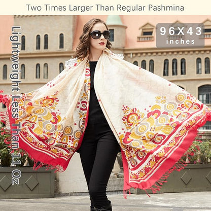 DANA XU 100% Merino Wool Pashmina Shawl for Women 96"x43", Oversized Cashmere Wrap with Tassels, Floral Travel Blanket Cape