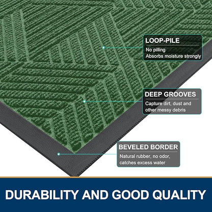 Smiry Front Door Mat Outside Entrance, Heavy Duty Sturdy Natural Rubber Doormat, Trap Dirt and Moisture, Easy Clean Low Profile Mats for Indoor Outdoor Entry, Irregular Triangle (71x24, Green)
