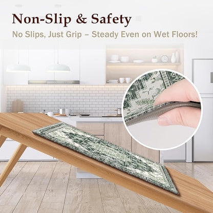 Boho Kitchen Mats for Floor 2 Piece Set Anti Fatigue Cushioned PVC Kitchen Rugs Non Slip Waterproof Farmhouse Mats 2/5 Inch Comfort Standing Mat for Sink, Laundry, Office, 17.3"x47"+17.3"x28", Green