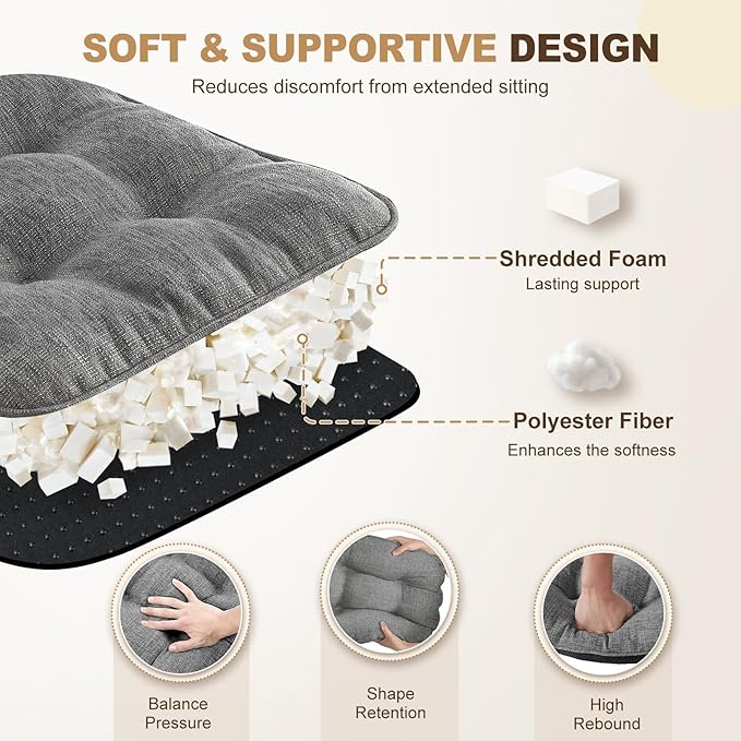 downluxe Indoor Chair Cushions for Dining Chairs, Tufted Overstuffed Textured Foam Kitchen Chair Pads with Ties and Non-Slip Backing, 15.5" x 15.5" x 4", Dark Grey, 6 Pack