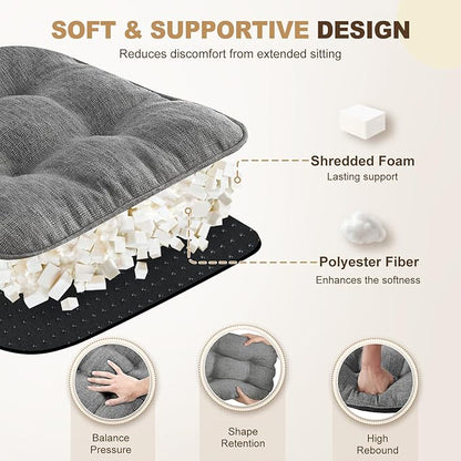 downluxe Indoor Chair Cushions for Dining Chairs, Tufted Overstuffed Textured Foam Kitchen Chair Pads with Ties and Non-Slip Backing, 15.5" x 15.5" x 4", Dark Grey, 6 Pack