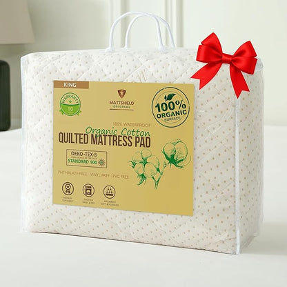 Luxury Quilted Organic Cotton Mattress Protector King - 380 GSM Waterproof & Breathable Pad - Deep Pocket Fitted Cover - Soft & Silent Protection
