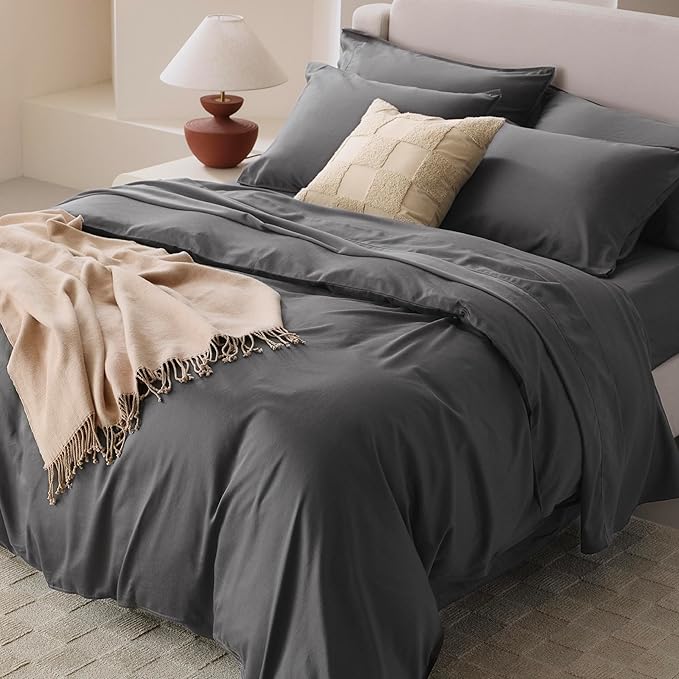 Double Stitch Cotton Tencel Duvet Cover - Queen Size Comforter Cover, Luxury & Soft Eucalyptus Lyocell Bedding Set for Hot Sleepers, Cooling, Smooth & Breathable, Button Closure, Ash Black, 90"x90"