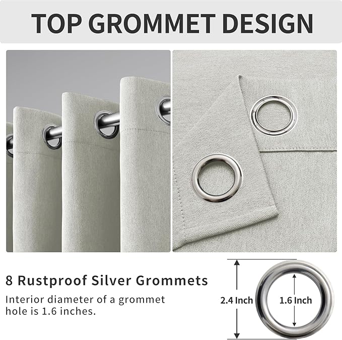 Easy-Going Linen Look Blackout Curtain 108 Inch Length Grommet Window Curtain Drapes for Bedroom, Living Room Thermal Insulated Room Darkening (Set of 2 Panels, Light Gray)