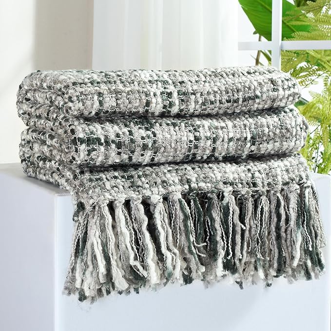 Multi-Color Grey Cable Knitted Throw Blanket for Couch,50"X60" Boho Style Textured Blankets for Home Decor,Super Soft Warm Cozy Chunky Knit Blanket with Decorative Tassels for Bed and Sofa
