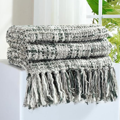 Multi-Color Grey Cable Knitted Throw Blanket for Couch,50"X60" Boho Style Textured Blankets for Home Decor,Super Soft Warm Cozy Chunky Knit Blanket with Decorative Tassels for Bed and Sofa