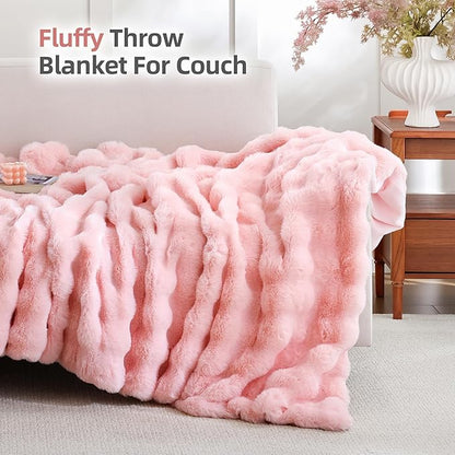 Smoofy Faux Fur Throw Blanket for Couch – Blush Pink Fluffy Cozy Rabbit Fleece, Plush Soft Bubble Blanket for Sofa & Bed, for Mom, Warm Fuzzy Home Room Decor Throw 60" x 80"