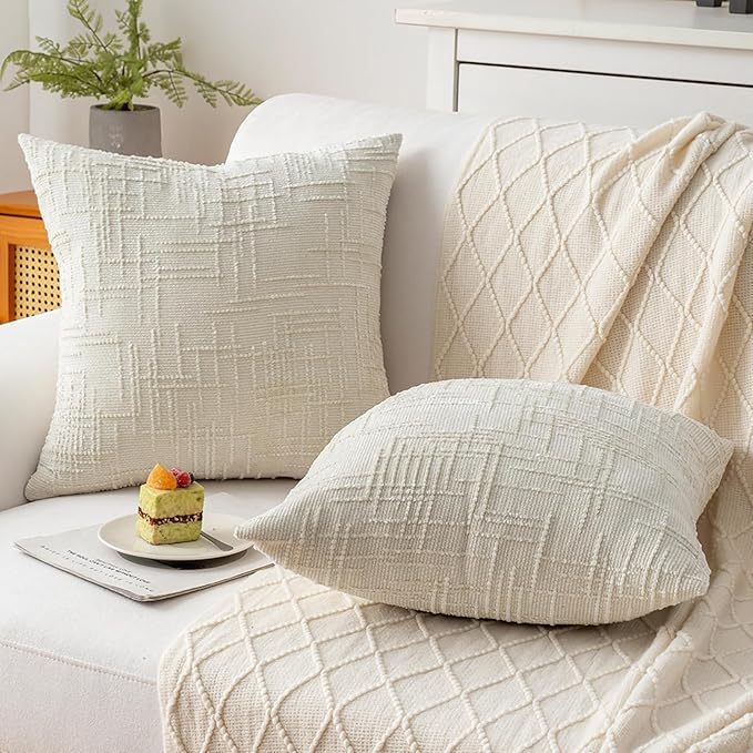 Decorative Throw Pillow Covers 20x20 Inch Set of 2, Thick Solid Farmhouse Chenille Couch Pillows, Spring Pillow Covers for Couch Sofa Bed Living Room Home Decor Pillowcase,White