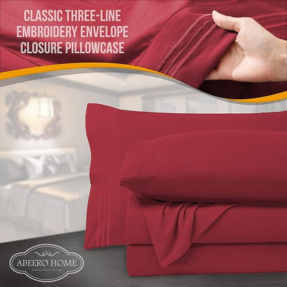 Full Size Bed Sheets Cooling - Luxury Hotel Sheet Set - Soft Sheets with Elastic Corner Strap - Deep Pocket Microfiber Bedsheet - Bedding Sheet & Pillowcases - 4 PC (Full Size, Burgundy)
