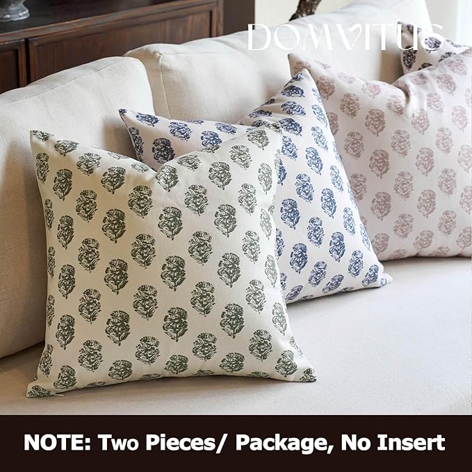 DOMVITUS Set of 2 Floral Pillow Covers 20x20, Block Print Pillow Covers Vintage Neutral Decorative Farmhouse Throw Pillow Covers for Couch Bed Living Room Dusty Green