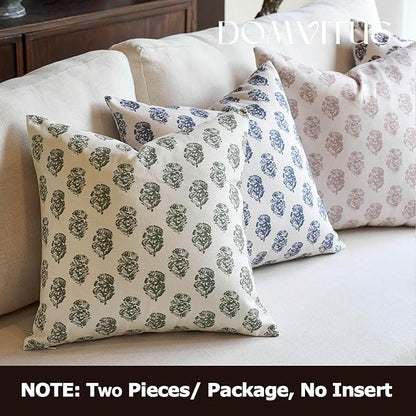 DOMVITUS Set of 2 Floral Pillow Covers 20x20, Block Print Pillow Covers Vintage Neutral Decorative Farmhouse Throw Pillow Covers for Couch Bed Living Room Dusty Green