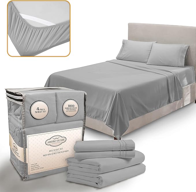 King Size Sheets Set Cooling - Luxury Hotel Sheets - Soft Bed Sheet with Elastic Corner Straps - Deep Pockets Microfiber Bedsheet - Bedding Sheet & Pillowcases -4 PC (King, Light Gray)
