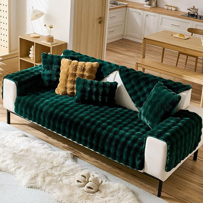 Christmas Faux Fur Couch Cover Fuzzy Soft Plush Thick Bubble Sofa Cover Luxury Sectional Couch Covers Luxury Anti-Slip Sofa Slipcover Washable Furniture Protector (Dark Green,36"x70")