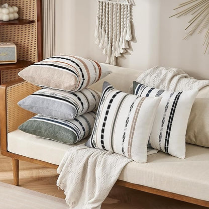 Chenille Boho Pillow Covers 18x18 Inch Decorative Throw Pillow Covers Striped Square Pillowcase Covers Modern Farmhouse Home Decor Pillow Protectors with Zipper Standard Size, Set of 2