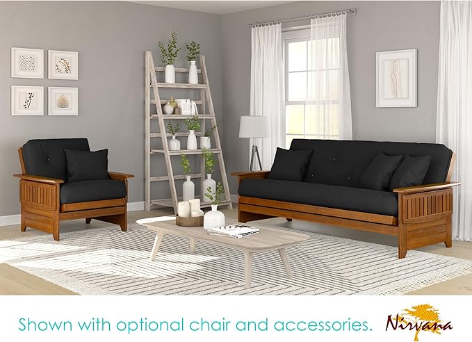 Nirvana Futons Brentwood Tray Arm Futon Sofabed Set - Queen Frame, 8" Thick Black Mattress, Rich Heritage Finish