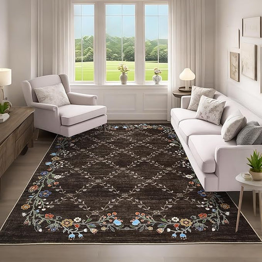 GarveeHome 10x13 Washable Floral Area Rugs for Living Room: Modern Floral Non Slip Large Area Rugs for Bedroom, Large Machine Washable Living Room Low Pile Carpet with Non-Slip Backing Brown 10'x13'.