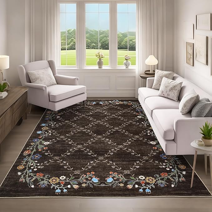 GarveeHome 8x10 Washable Floral Area Rugs for Living Room: Modern Floral Non Slip Large Area Rugs for Bedroom, Large Machine Washable Living Room Low Pile Carpet with Non-Slip Backing Brown 8'x10'.