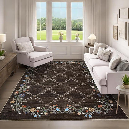 Garveehome 4x6 Washable Floral Area Rugs for Living Room: Modern Floral Non Slip Large Area Rugs for Bedroom, Large Machine Washable Living Room Low Pile Carpet with Non-Slip Backing Brown 4 ft x6 ft.