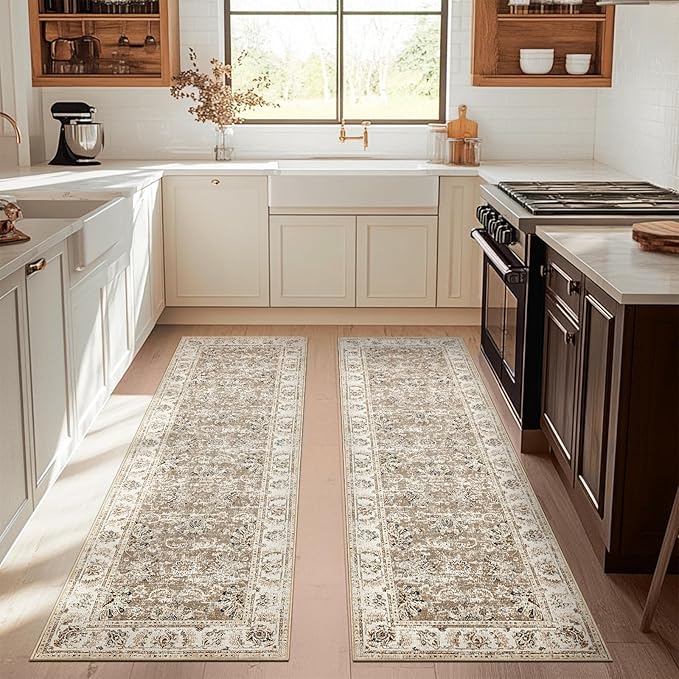 jinchan Fiora Runner Rug 3x8-2pcs Kitchen Washable Vintage Hallway Rug Floral Print Floor Cover Indoor Thin Retro Mat Accent for Bathroom Laundry Room Bedroom Office Farmhouse (Double, Taupe)